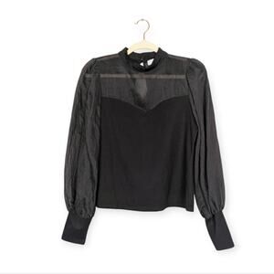 Anthropologie Flat White Black Semi Sheer Bishop Puff Sleeve Blouse Size S